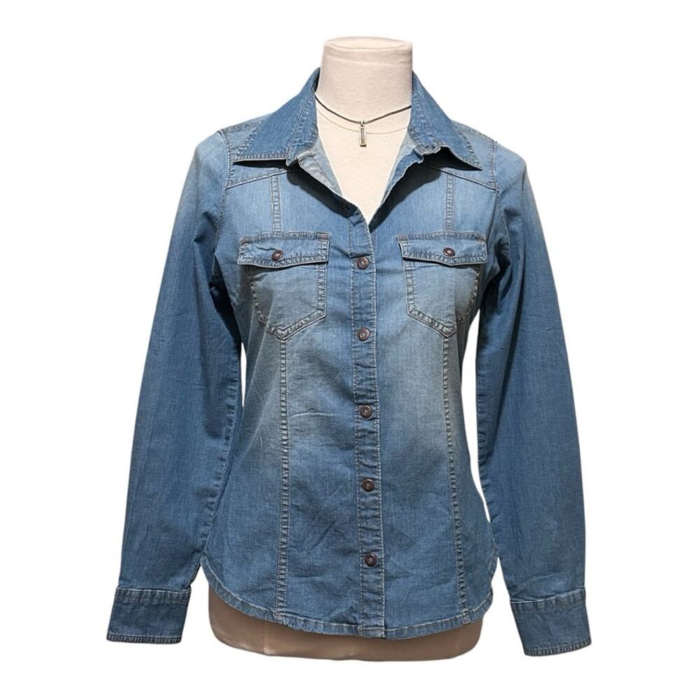Women’s Guess Blue Denim Button-Up Shirt long Sleeve Size Small